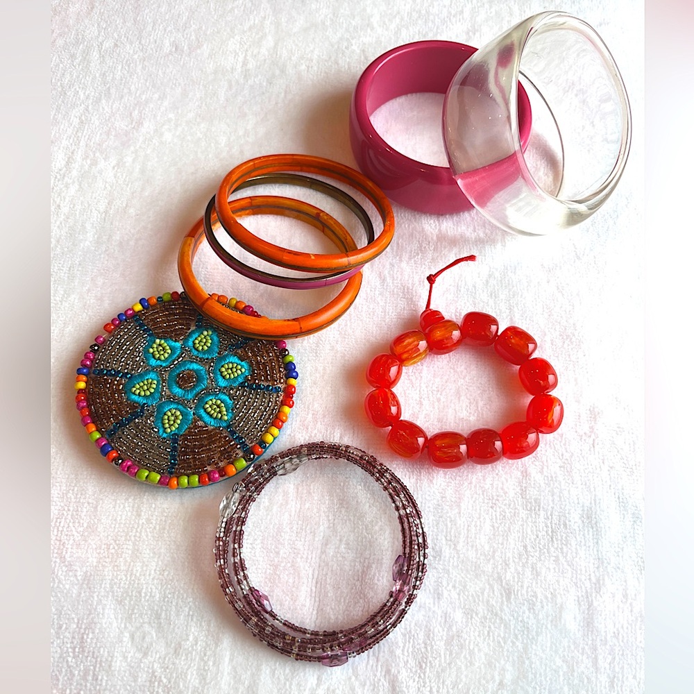 Assortment of Statement Stackable Bracelets plus Boho Mirror Beaded Chunky Boho